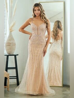Clearance Champagne size 8 Beaded Tulle Overlay V-Neck Mermaid Gown By 2132